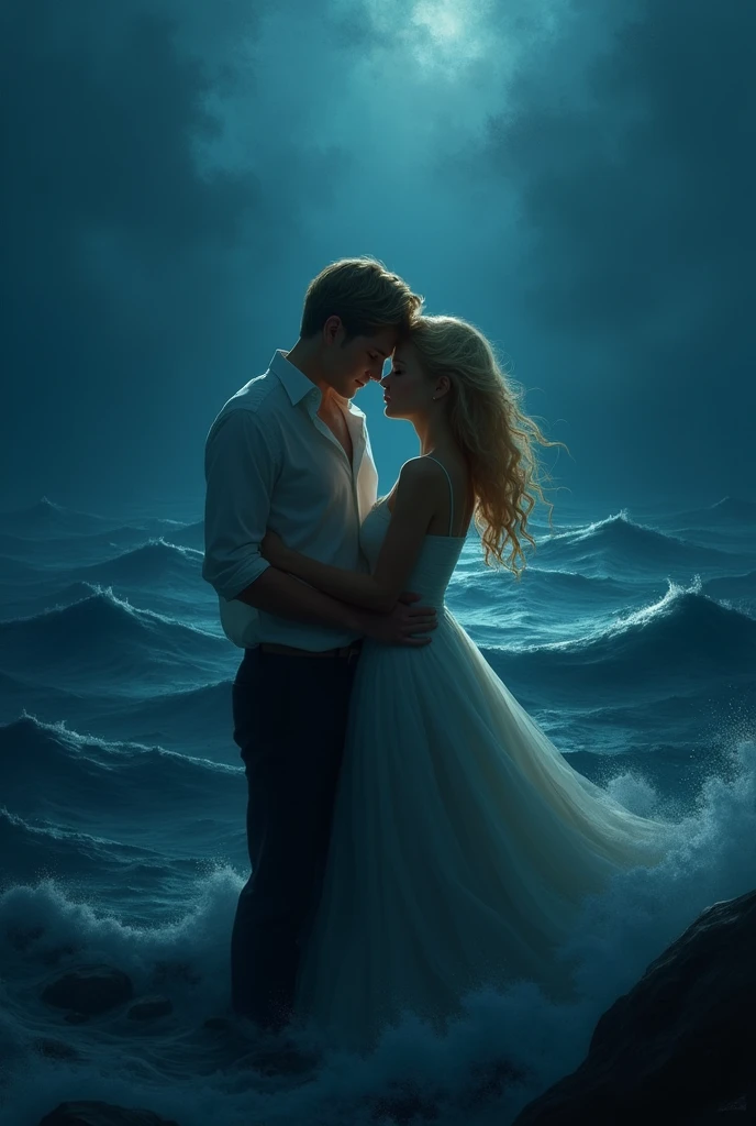 Book cover in shades of blue and black reminiscent of the Ocean, Nela, a blonde girl hugs a blonde boy who has his back to her