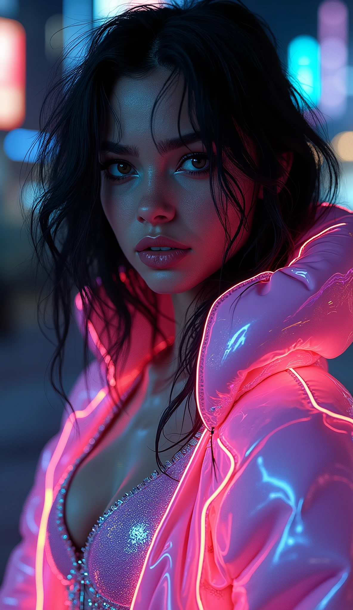 a beautiful waman with raven hair wearing neon clothing against a dark background, character design multiple poses, outfit, anodized titanium, ammolite, glossy, holographic, iridescent, light particles, rainbow marble, neon colors, electric colors, lisa frank, 32k, full body shot, ultra wide angle, rainbowcore, synthwave, 3d, cinematic, cyberdelic, hyper realism, hyperrealistic, unreal engine, glitter drawing, gold leaf art, hdr, highly detailed, intricate, blacklight, bokeh, flourescent lightin, glowing neon, vibrant outfit