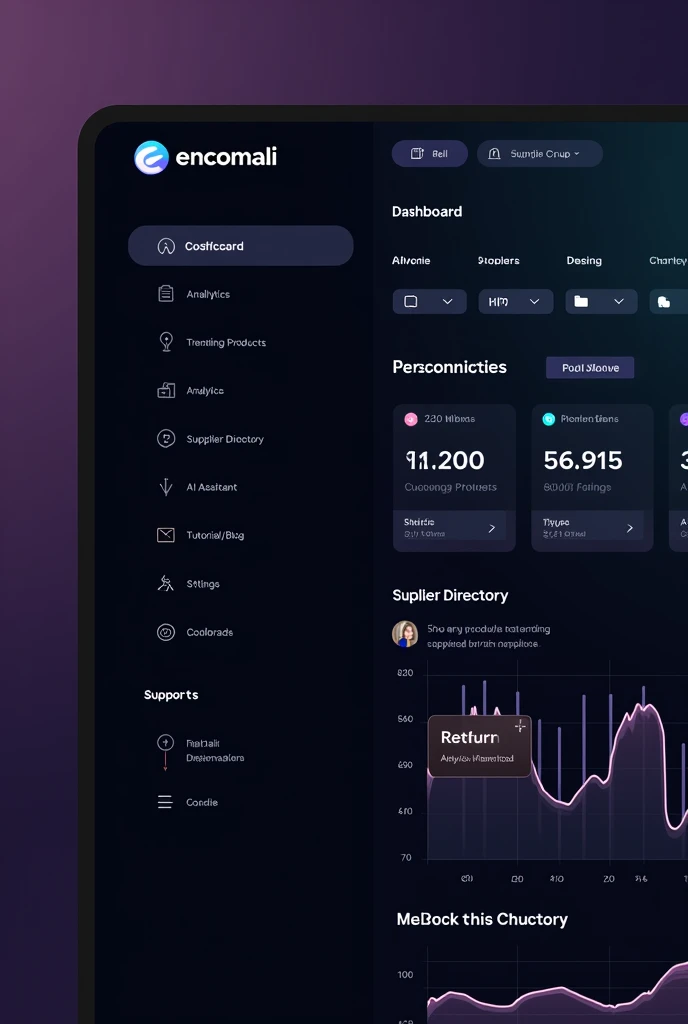 Design a complete, modern, and sleek dashboard interface for **Encomali**, featuring a polished dark theme with vibrant gradient accents. The dashboard should have a minimalistic and user-friendly layout, optimized for both desktop and mobile, offering a seamless and responsive experience. The design should balance aesthetics with functionality, ensuring that data is presented clearly and intuitively.
### Key Components:
1. **Top Navigation Bar:**
- Clean and professional, with an Encomali logo on the left.
- Notifications bell, user profile icon, and quick settings on the right.
- Search bar with advanced filtering options for easy access to content.
2. **Sidebar Menu:**
- A collapsible and responsive sidebar that expands on hover or click.
- Menu items organized with icons and labels for sections like *Dashboard, Analytics, Supplier Directory, AI Assistant, Tutorials/Blog, Settings,* and *Support*.
- Use gradient highlights to indicate the active section.
3. **Main Dashboard Sections:**
- **Trending Products Analytics:**
- An interactive panel displaying data visualizations (e.g., bar charts, line graphs, pie charts) to track sales trends, popular products, and market insights.
- Include dynamic filters and real-time updates to allow users to customize the data displayed.
- Summarized KPIs (e.g., sales growth, top categories, best-performing suppliers) with visual cues (e.g., arrows for increase/decrease).
- **Supplier Directory:**
- A well-organized directory listing suppliers, with advanced search and filtering options (e.g., location, product category, ratings).
- Include supplier profile cards featuring essential information like ratings, product types, and contact details.
- Option to bookmark and compare suppliers.
- **AI Assistant Widgets:**
- Small, interactive widgets providing AI-driven recommendations, sales insights, and customer behavior analysis.
- Include customizable options f