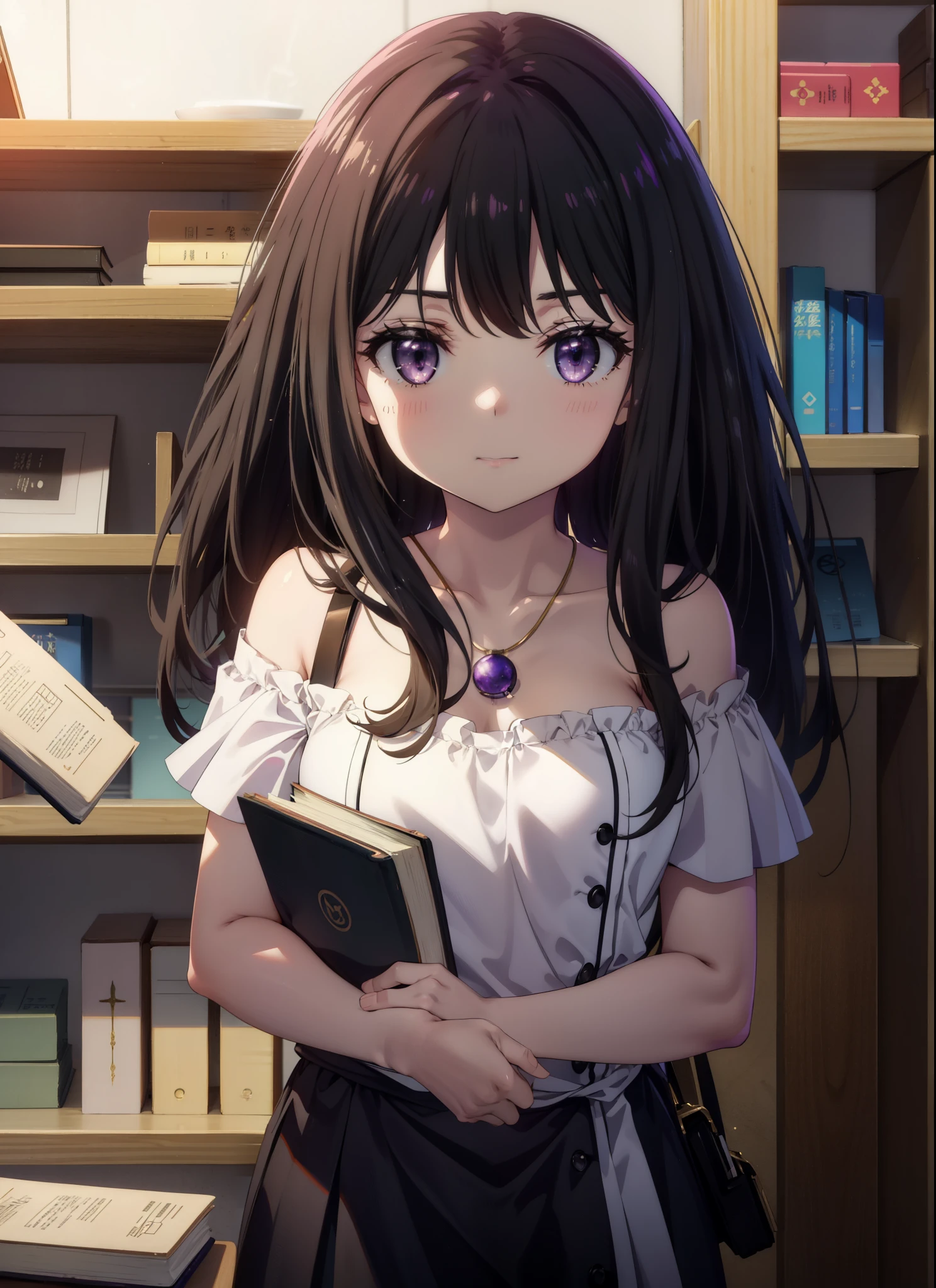 Takina inoue,Long Hair, bangs, Black Hair, (Purple eyes:1.2),smile,blush,Open your mouth,Off-the-shoulder dress,Bare shoulders,bare clavicle,Bare neck,Short sleeve,Rocket Pendant,mini skirt,Cute heeled sandals,Holding a book in both arms,Bookshelf,There are books piled up on the table,whole bodyがイラストに入るように,
break indoors, figure書館,
break looking at viewer,whole body,
break (masterpiece:1.2), Highest quality, High resolution, unity 8k wallpaper, (figure:0.8), (Beautiful attention to detail:1.6), Highly detailed face, Perfect lighting, Highly detailed CG, (Perfect hands, Perfect Anatomy),