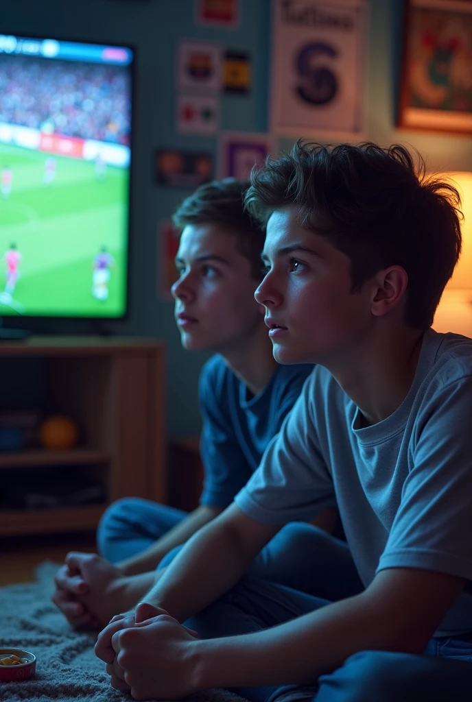 Two boys at university watching the Champions League , barcelona vs madrid