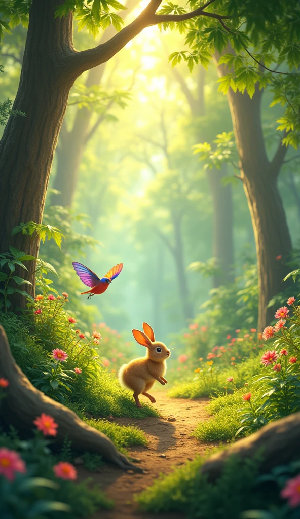 Create an image of a vibrant, sunny day with a small, colorful bird and a cute rabbit in a lush, green forest.