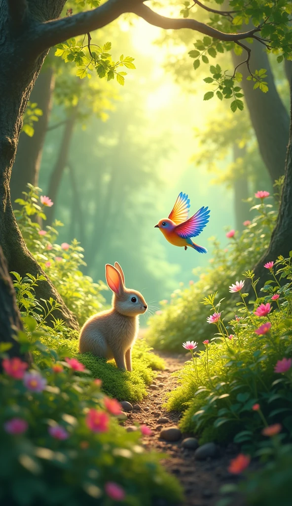 Create an image of a vibrant, sunny day with a small, colorful bird and a cute rabbit in a lush, green forest.