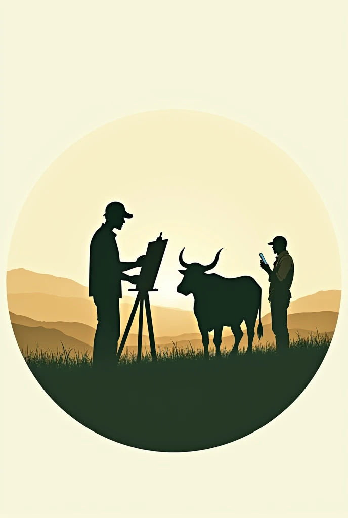 A CIRCULAR LOGO WITH AN ARTIST PAINTING THE SHADOW SILHOUETTE OF AN OX IN THE FIELD AND A FARMER WITH A SMARTPHONE