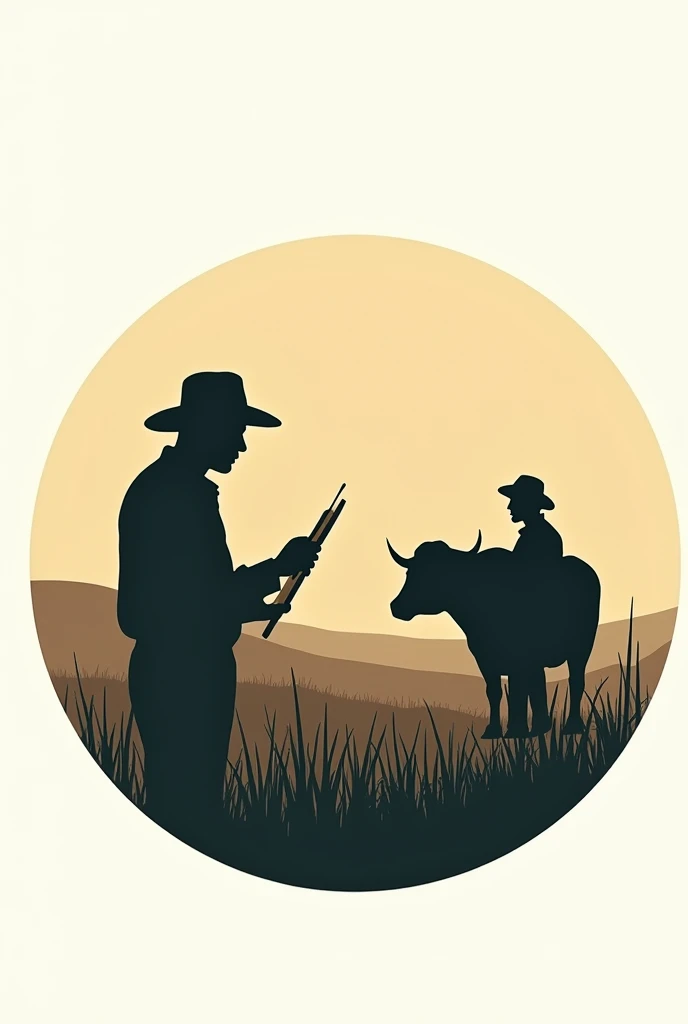 A CIRCULAR LOGO WITH AN ARTIST PAINTING THE SHADOW SILHOUETTE OF AN OX IN THE FIELD AND A FARMER WITH A SMARTPHONE