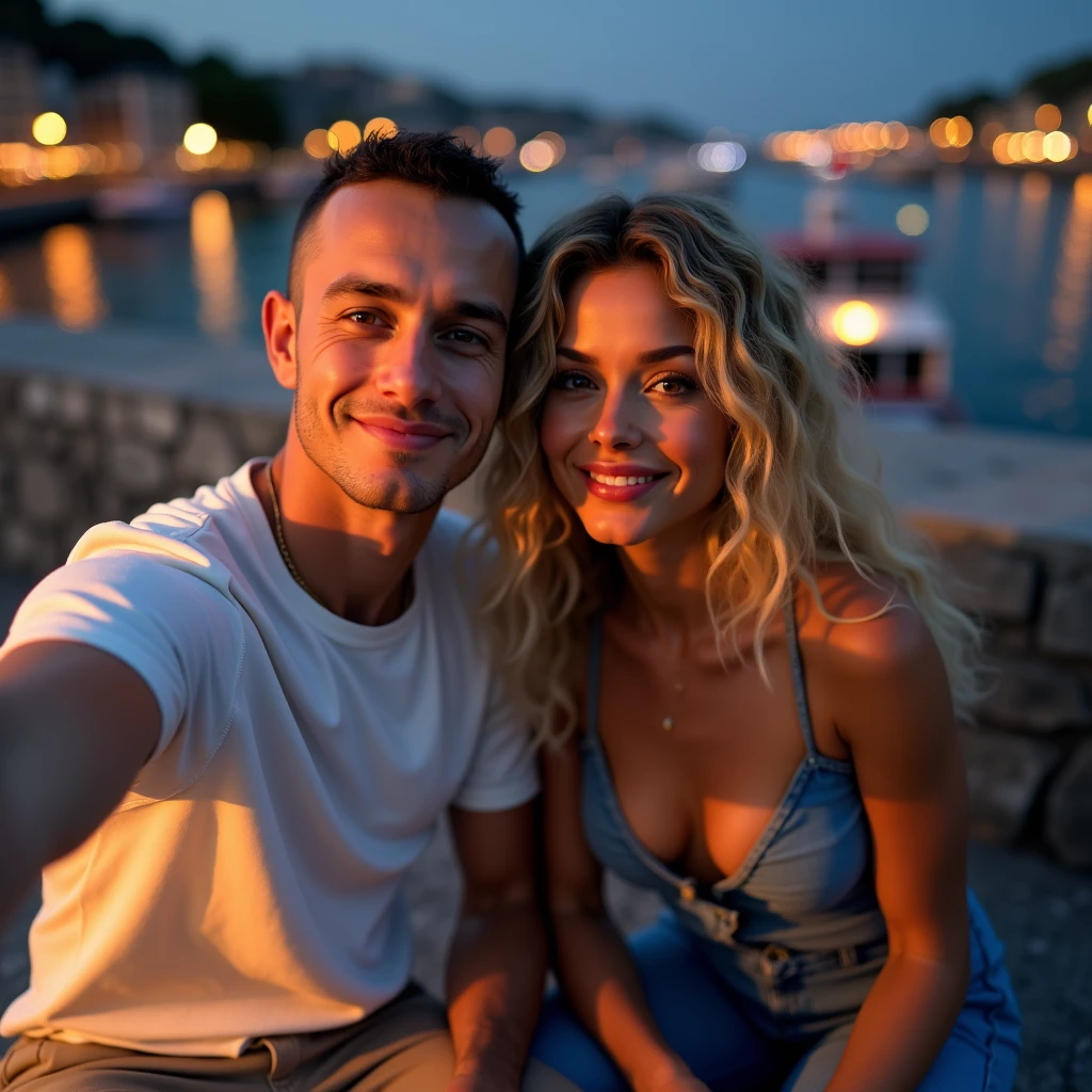 Selfie, Two friends smile, a White male man, 30's, brown eyes, buzz cut hair style, buzz cut hair, he wears a white T-shirt and beige pants,A woman, Toffee color skin, beautiful toffee mixed woman with long blond curly hair and extremely detailled clear yellow eyes, middle body, she wears a sexy blue top and a Flared denim pants, selfie,They are sitting on a stone wall with a view of a port at night, ultrarealism
