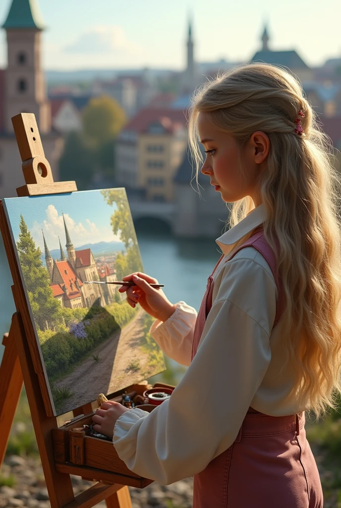 Photorealist , a girl with blonde hair, painting, on  canvas, landspace germany, girl out door in nuremberg city of germany