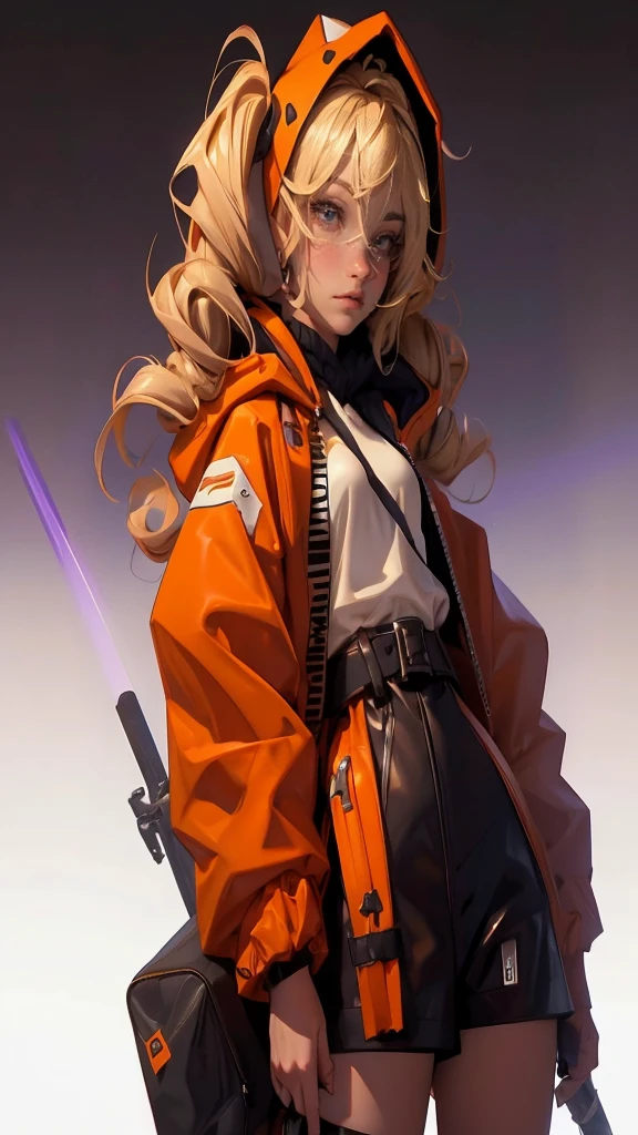 envision a 8k, highres, cinematic, beautiful full body design sheet of a short girl named Gigi Murin with dark brown and blonde multicolored hair in twin tails, a tail, purple eyes, wearing an animal hood, hood up, orange jacket, cropped jacket, white shirt, mechanical gauntlets, orange belt, black shorts, single thighhigh, striped thighhigh against a dark background