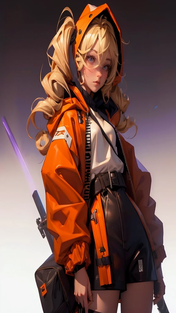 envision a 8k, highres, cinematic, beautiful full body design sheet of a short girl named Gigi Murin with dark brown and blonde multicolored hair in twin tails, a tail, purple eyes, wearing an animal hood, hood up, orange jacket, cropped jacket, white shirt, mechanical gauntlets, orange belt, black shorts, single thighhigh, striped thighhigh against a dark background