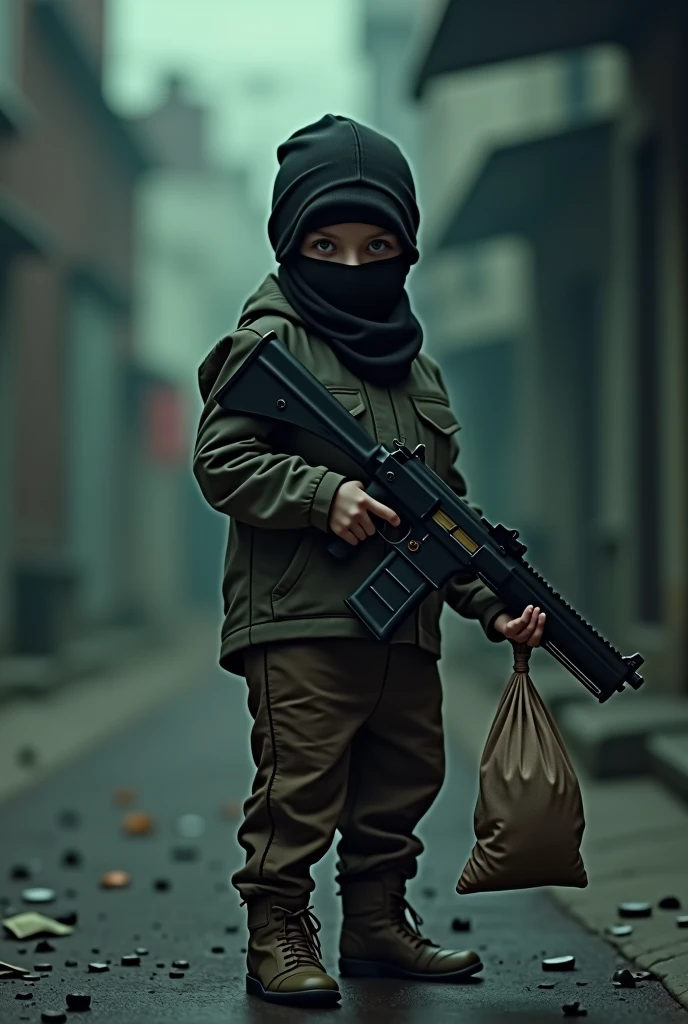 Generates an image of a child wearing a balaclava and holding a bag of money in one hand and a gun in the other hand