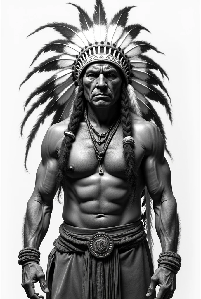 Front-Side, centered potrait, middle age red indian chief, angry, big feather hat, black and white drawing. Clear background, simple, fit to image, faded downward, no shirt, muscular built