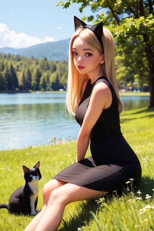 A beautiful woman named Majara Huber has long, beautiful blonde hair and is wearing an elegant cat-themed headband. She is dressed in a stylish black sleeveless dress and is relaxing on a meadow by the lake.