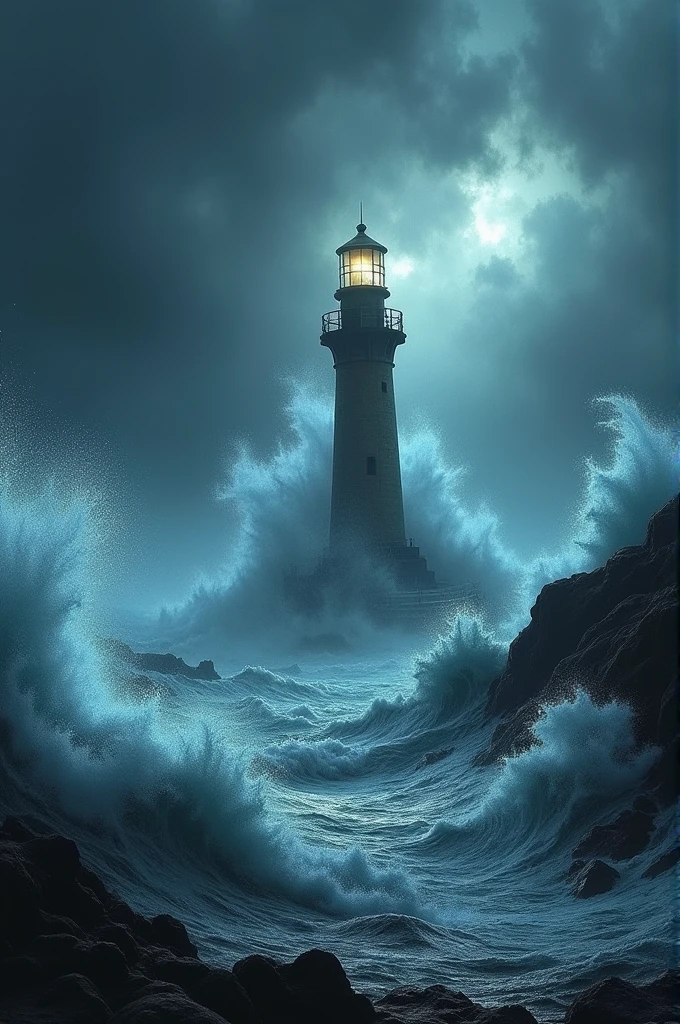 The lighthouse was hit by very large waves