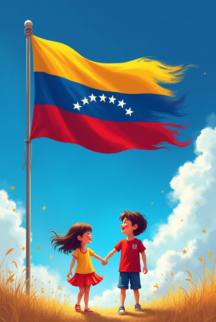 Image with a blue background at the top, the flag of Venezuela with very bright colors, two children holding hands and details in gold