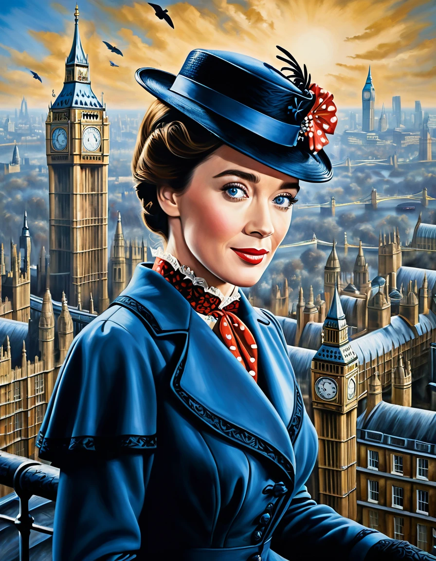 A perfect portrait picture of an enigmatic nany Mary Poppins [Julie Andrews:Emily Blunt:0.5] with aerial background of London, insanely detailed and intricate, realistic style oil on canvas painting, Don Lawrence Style
