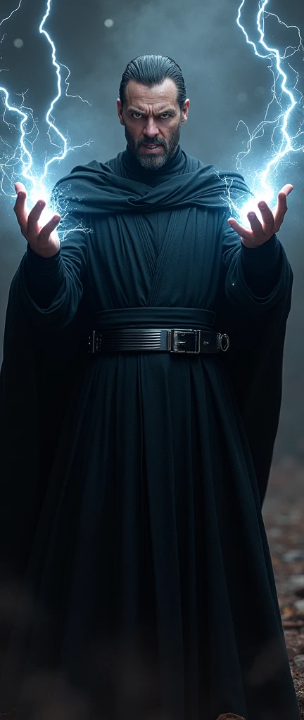 A man shouts in anger at the camera. He is dressed in dark Sith robes and shoots lightning bolts from both hands at the camera.