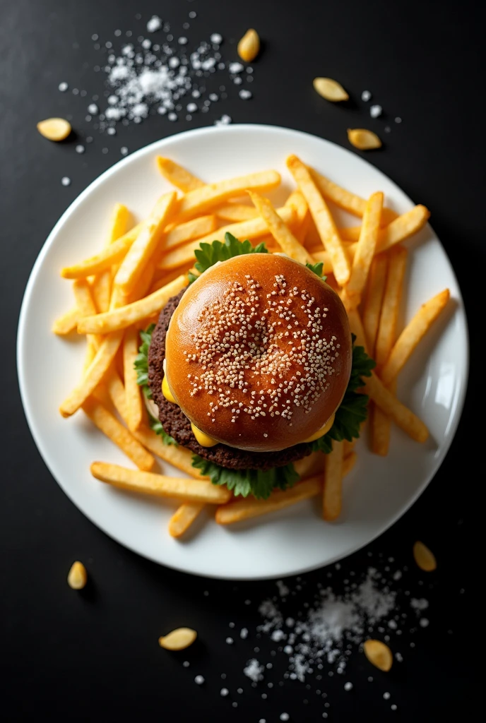 A hamburger from above on a white plate with several salted fries outside the plate on a black background