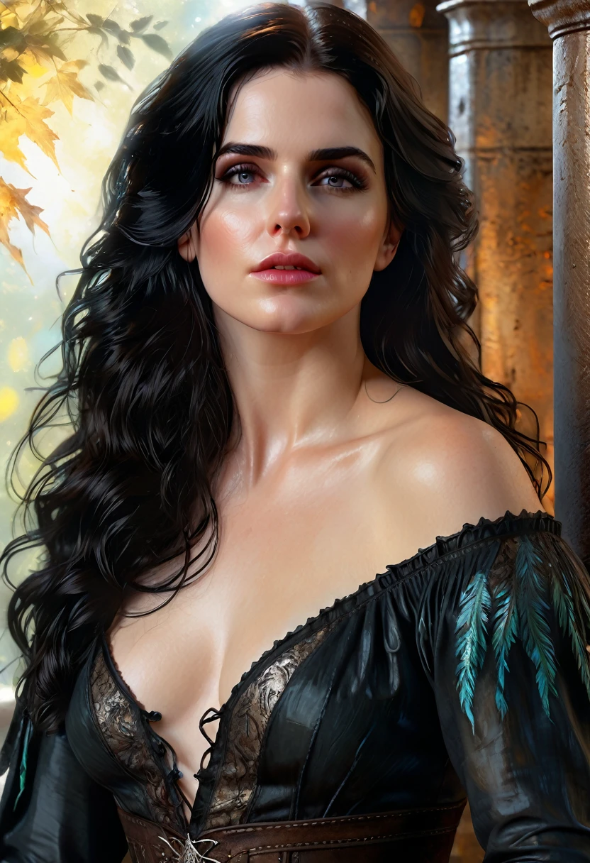 A full figure portrait, beautiful woman yennefer of lust decolletage, long hair, nude, thron, enchanted aura, ray tracing, subsurface scattering, bokeh, gorgeous fantasy scenery, bright day, Painting by Harrison Fisher and WLOP, Artgerm, Alan Lee, expressive eyes, filigrees, (Carne Griffiths 0.6), (Sienkiewicz 0.4) cinematic lighting, highly detailed full body face and clothing. vibrant, wonderful, very stylish, glamorous, appealing, classy, majestic, stunningly beautiful