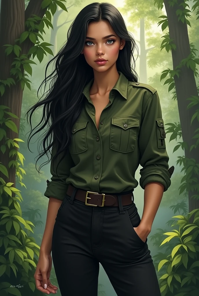 Create an image of a  girl, the face needs to be delicate with black hair, wavy and waist-length. She has light blue eyes and fair skin. She is dressed in fitted black pants and sturdy combat boots.. Your blouse is military style, in dark green tone, with a modern cut. Her expression is outgoing and charismatic., conveying natural charm and confidence. The scenery can forest, to complement your cool style and vibrant personality. 