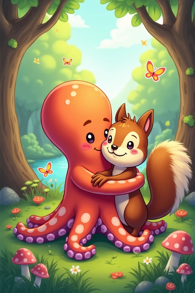 Cartoon of an octopus and a squirrel hugging each other