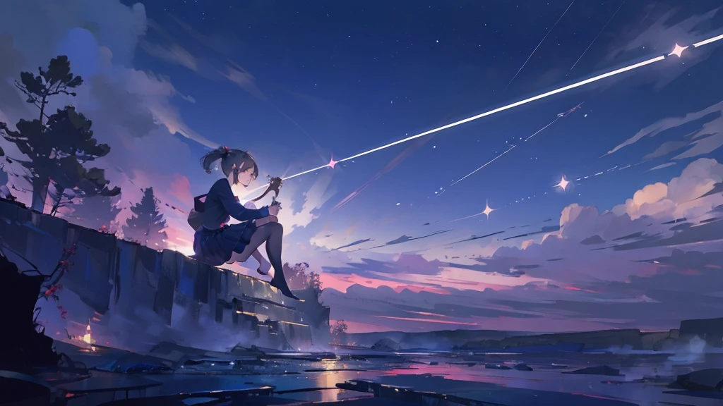 masterpiece,night,(dark alley),star、Night evening Sky、milky way、octone、
(1. Female), (solo), Knee hugging sitting,acousticguitar