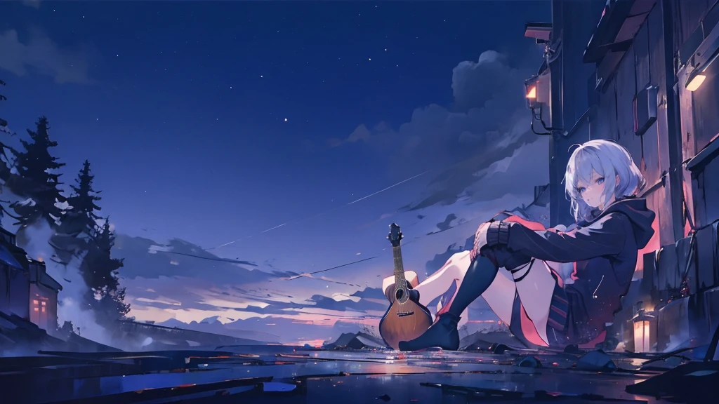 masterpiece,night,(dark alley),star、Night evening Sky、milky way、octone、
(1. Female), (solo), Knee hugging sitting,acousticguitar