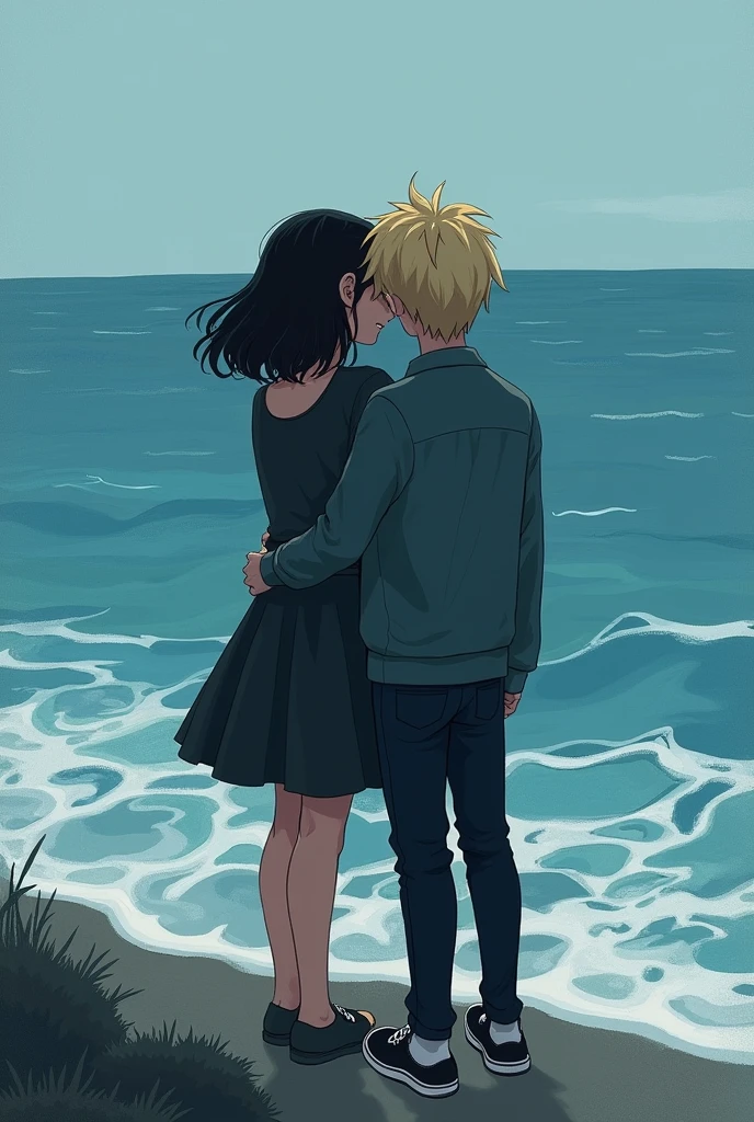 Book cover in shades of blue and black reminiscent of the Ocean, Nela, a girl hugs a blond boy who has his back to her