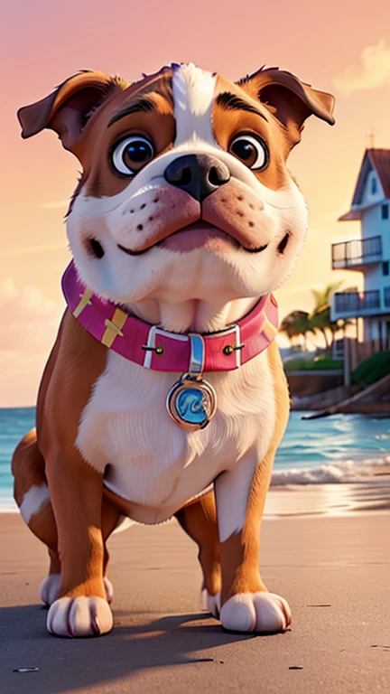 A charming English Bulldog wearing a colorful bandana and helmet plays with his skate along a seaside promenade, enjoying the ocean breeze and the warm glow of the setting sun. The dog's ears flutter in the wind as he glides smoothly along the palm tree-lined walkway, passing by bathers, food carts and other dogs The vibrant scene highlights the calm waves in the background, the golden sand and the colorful umbrellas. The image has a relaxing sunset palette with soft orange and purple tones blending into the sky., reflecting in the calm ocean.