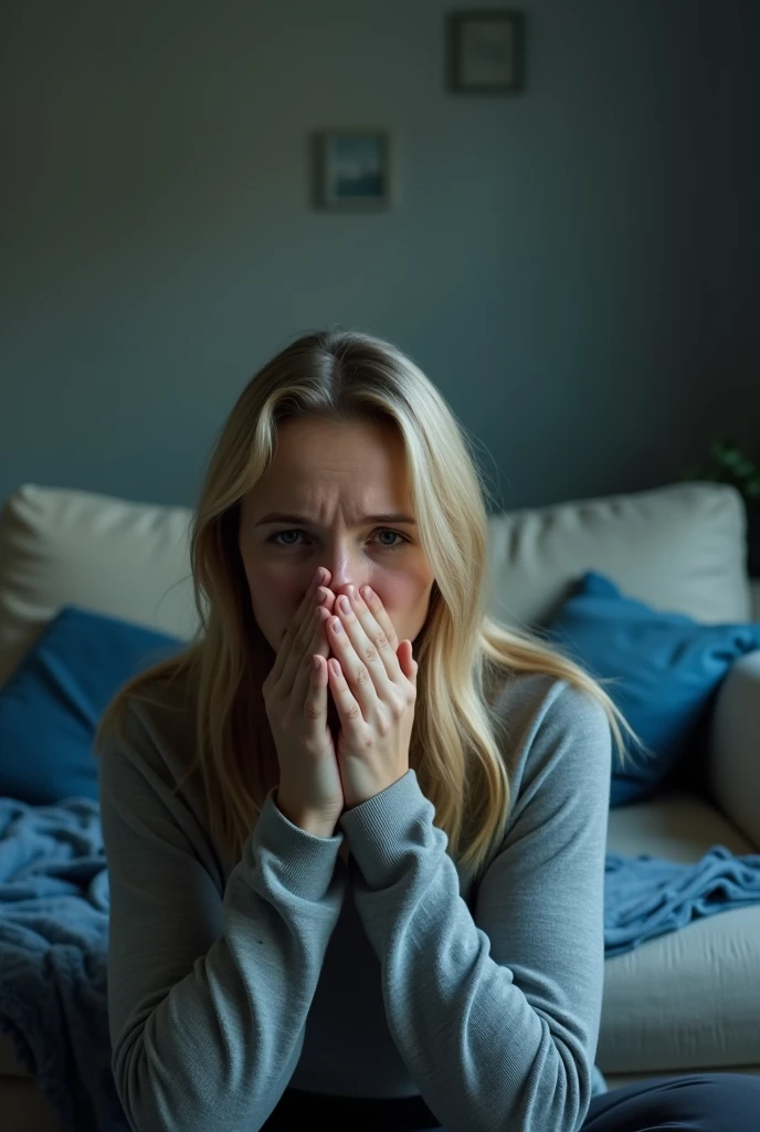 blonde woman with allergy in foreground blowing her nose. behind a dusty sofa. dirty put blue elements