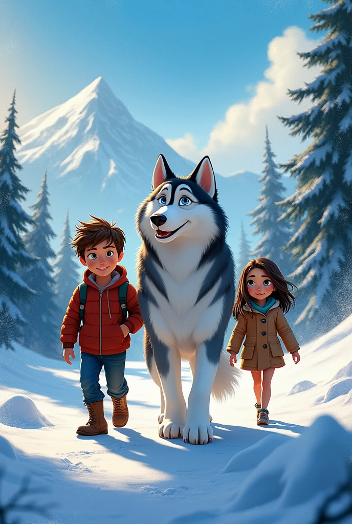 Create a Disney movie poster of a husky dog named Kira with a boy 1 boy and a skinny  girl in walking pose