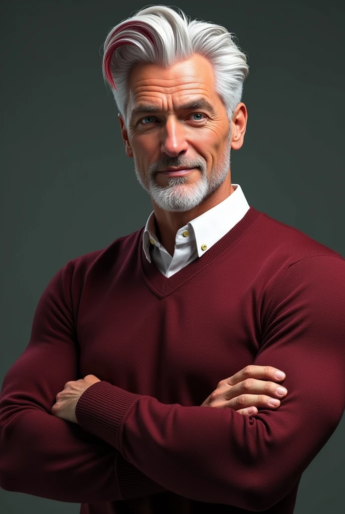Name: Randall Clance
Age: 55
Hair: White with red-gray edges at temples, styled in a quiff, with back and sides taped
Eyes: Light green or blue
Body Shape: Bara bodybuilder, middle-aged but more handsome
Muscles: Large, prominent pectoral muscles, biceps, and overall muscular physique
Attire: White blouse paired with a maroon red sweater
Description: Randall Clance embodies the epitome of middle-aged charm and strength. With his white hair, accented by hints of red-gray at the temples, and piercing light green or blue eyes, he commands attention. His physique is that of a seasoned bodybuilder, boasting large, prominent muscles, especially in the chest and arms. Clothed in a white blouse under a stylish maroon red sweater, Randall exudes confidence and authority. As a coach professor, his presence is both inspiring and formidable.