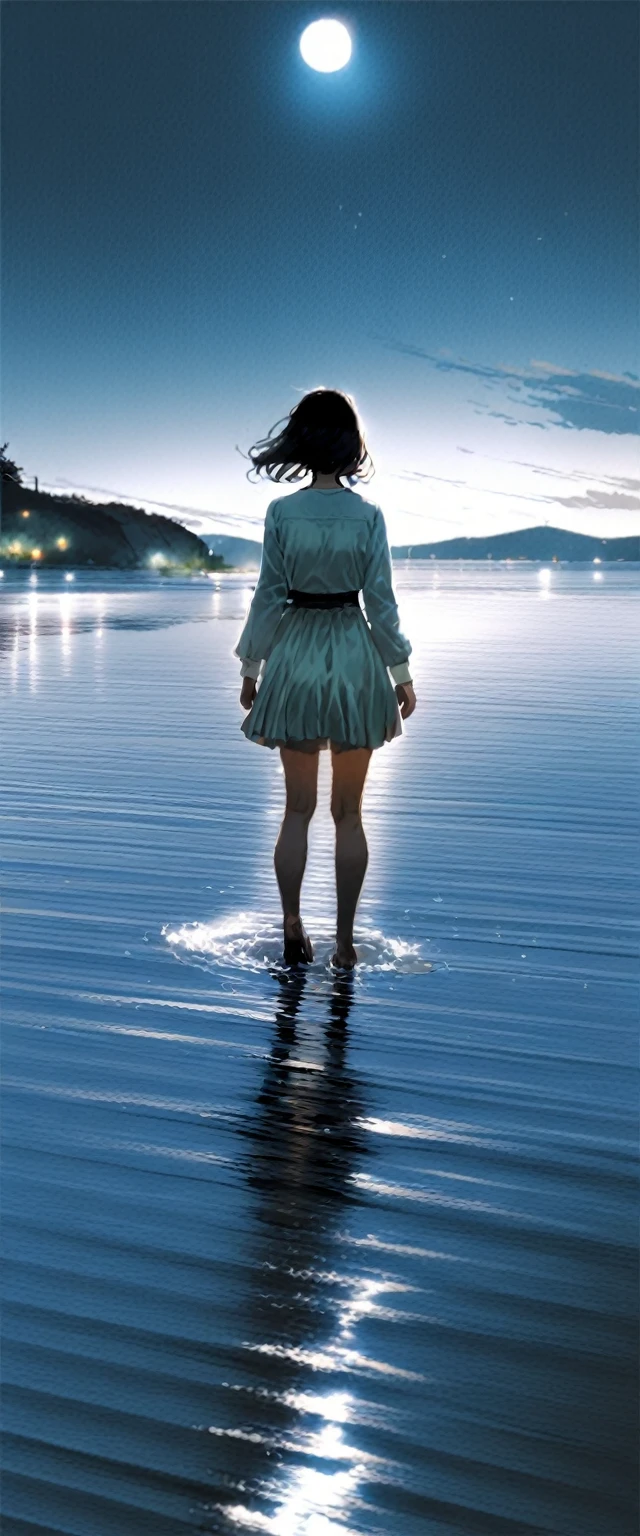 (close:1.4)、(RAW Photos:1.2)、(Realistic:1.4)、(masterpiece:1.3)、(Highest quality:1.4)、Japanese Girls、(Night view:1.2)、Light clothing、cute、Step into the sea、Standing on tiptoes、landscape、Between the horizon and the sea、Side view、Ripples spreading from the toes、Standing about 20 meters away、On the Sea、The whole scene is Shiny O's、illumination、