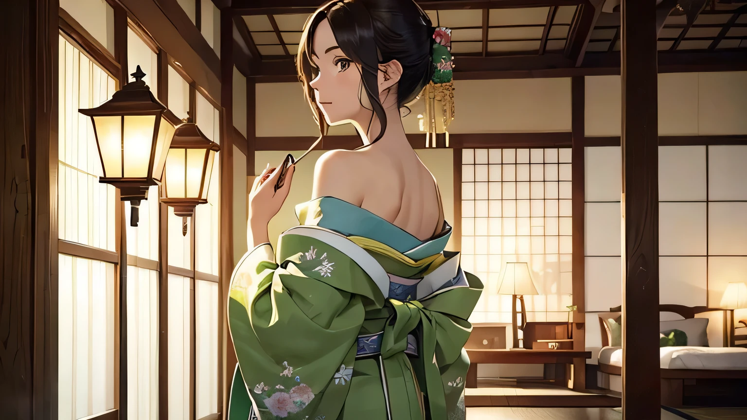 ((Highest quality)), ((masterpiece)), (detailed), One person, Off-the-shoulder sweater, Twelve-layered kimono、light green kimono、The hem widens、Back view、Lantern、Twilight、Tatami room、butterfly々