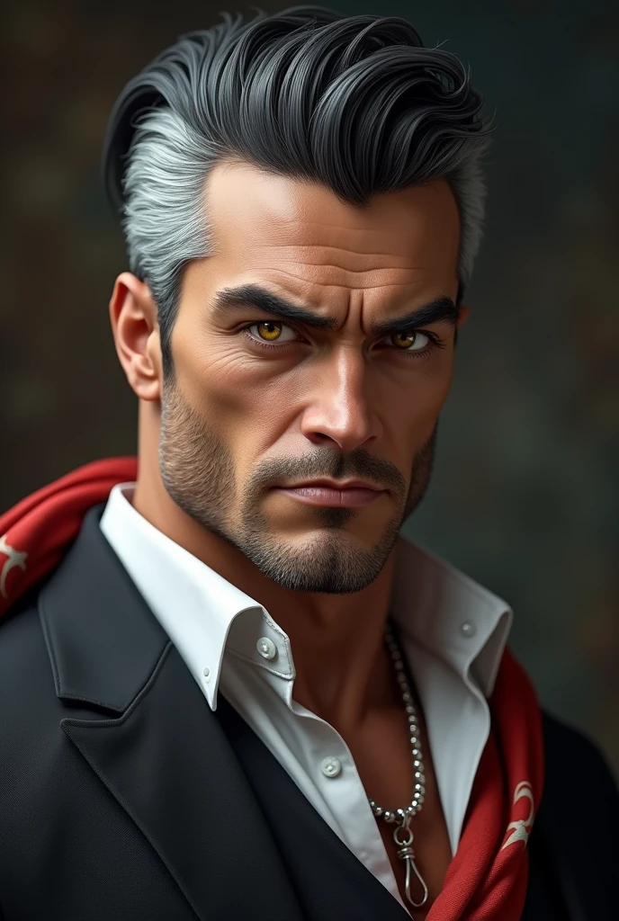 1man, middle aged, 5, handsome, black hair with white graying edges, quiff sides and tape hairstyle, yellow eyes, prominent muscular bodyshape, BODYBUILDER BODYSHAPED, white blouse, black suit, red-white scarf, closer distance face against me, looking viewers, hd, high quality, 4k resolution
