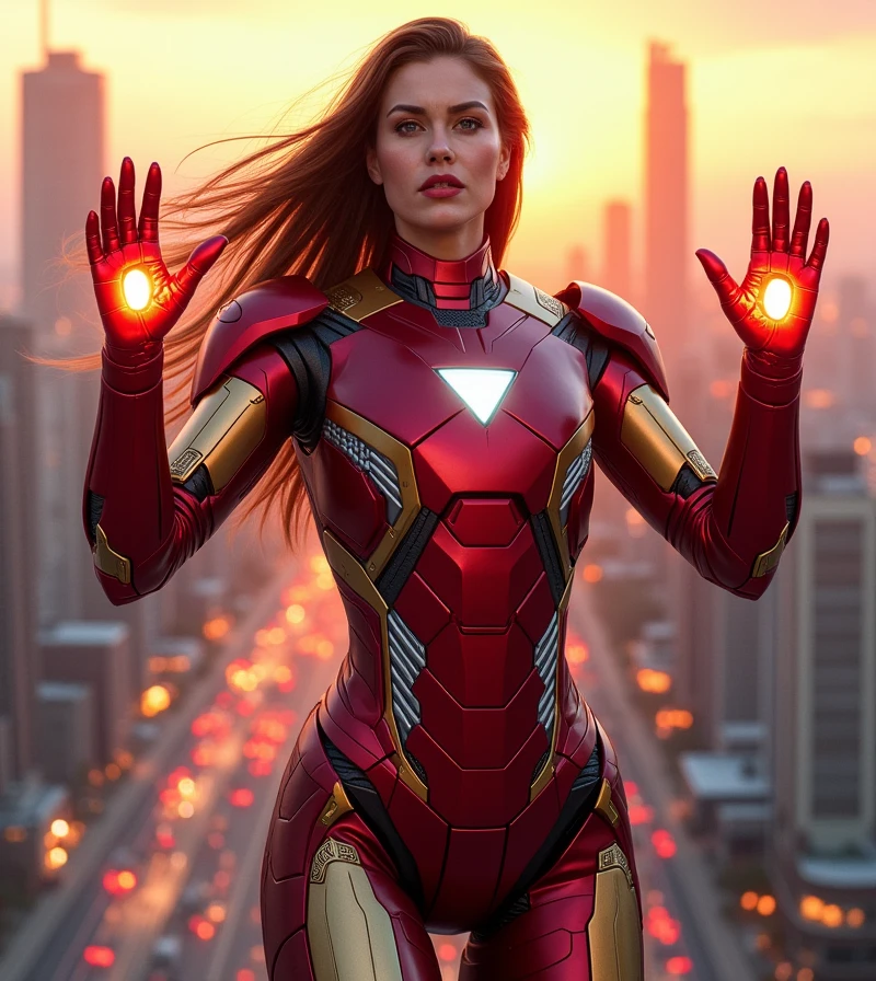 (A fierce and determined woman:1.4), (female version of Iron Man:1.4), (wearing sleek, advanced armor in vibrant red and gold:1.4), (arc reactor glowing brightly on her chest:1.5), (helmet partially retracted, revealing confident eyes and strong facial features:1.4), (((long hair flowing out from under the helmet:1.4))), (hands raised, palms glowing with energy:1.4), (hovering mid-air with thrusters activated:1.4), (((high-tech HUD elements surrounding her:1.4))), (background of a futuristic cityscape at dusk:1.4), (((armor detailed with intricate circuitry and plating:1.4))), (intense and dynamic lighting:1.4), (cinematic, action-packed atmosphere:1.3), (ultra-realistic textures and materials:1.3), (((heroic and powerful poses:1.4))), (((vivid, high-contrast color palette:1.4))), (((sharp, detailed facial features reflecting determination and strength:1.4)))