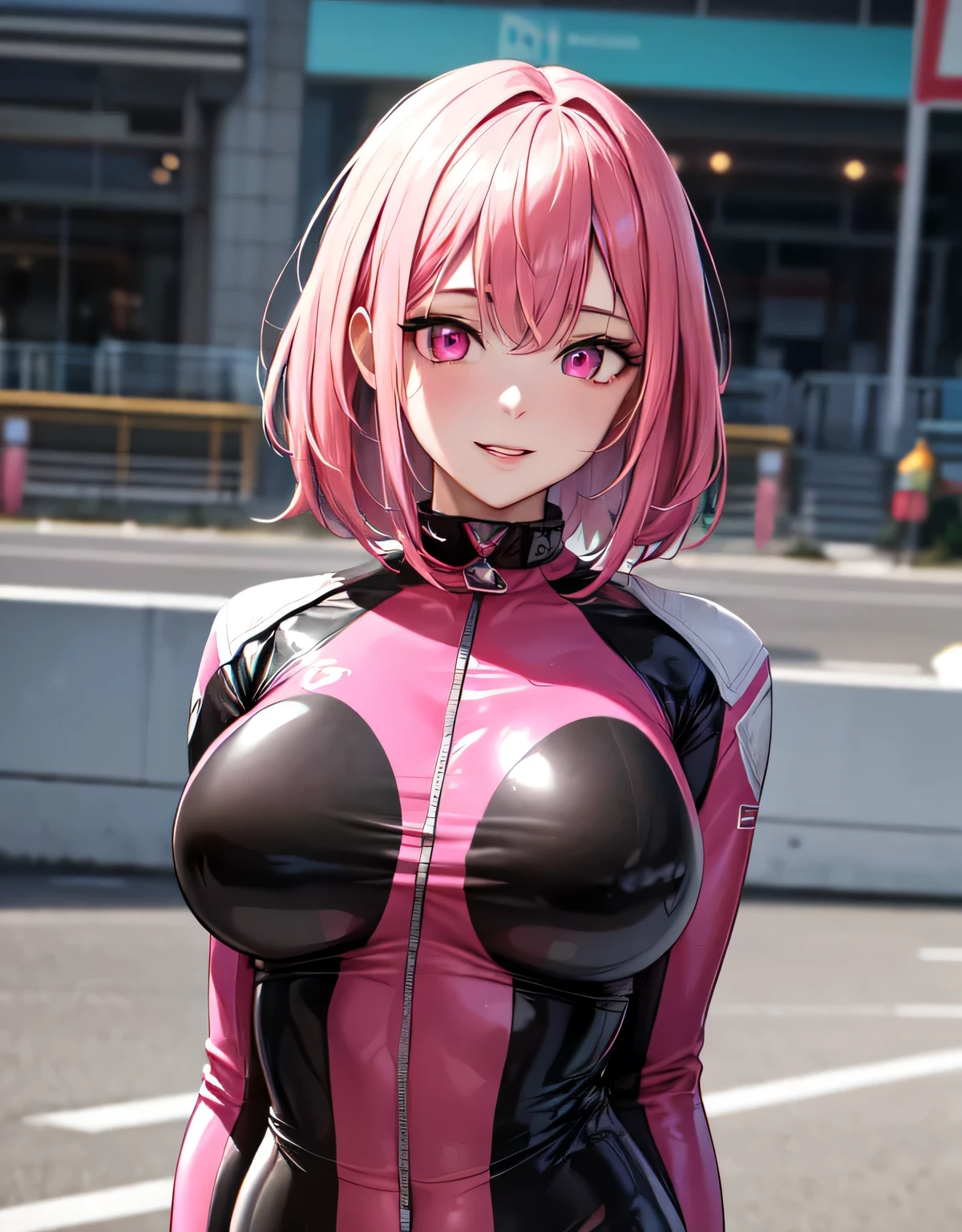 (large breasts:1.55),(shiny,hair),((solo)),((masterpiece)),((best quality)),perfect anatomy,slim waist,perfect image,8k UHD,(beautiful detailed eyes:1.5),extremely detailed face,standing,(upper body:1.25),(look at the front:1.5),arms behindback,ultra-detailed,absurdres,highres,(shiny pink and black racing suits:1.35),outdoors,smile,(pink hair:1.1),(medium hair),(latex),lips,(pink eyes:1.15),
