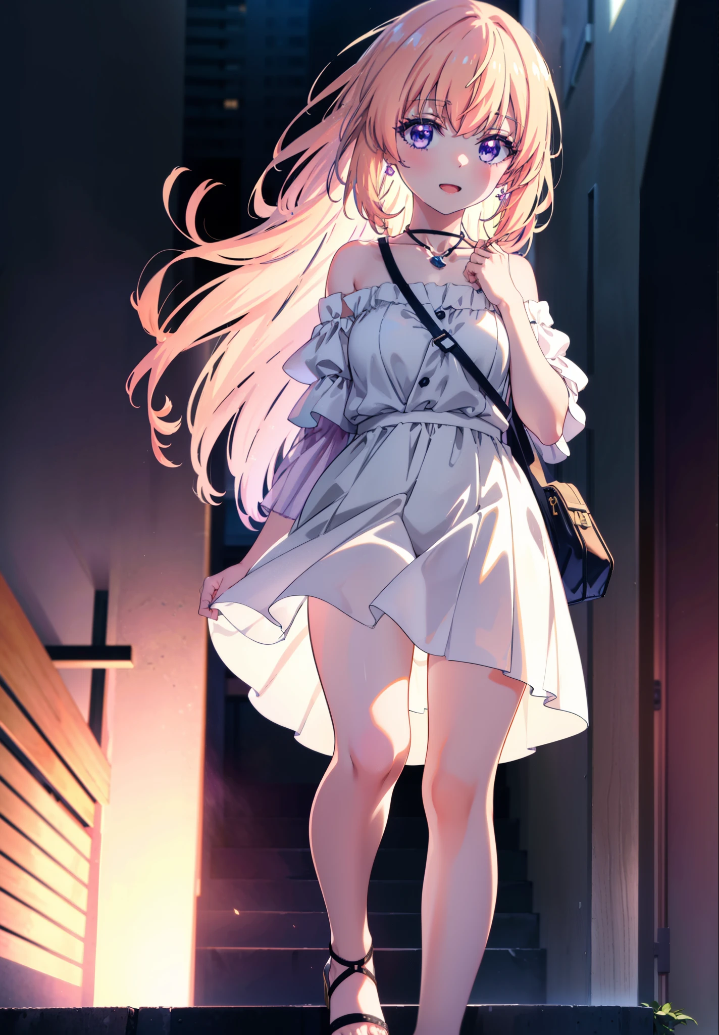 Honamiichinose, honami ichinose, Long Hair, Blonde, (Purple eyes:1.1), Hair between the eyes,smile,blush,Open your mouth,Off-the-shoulder dress,Bare shoulders,bare clavicle,Bare neck,Rocket Pendant,mini skirt,Cute heeled sandals,Daytime,Clear skies,Walking,whole bodyがイラストに入るように,
break outdoors, Building district,
break looking at viewer, whole body,
break (masterpiece:1.2), Highest quality, High resolution, unity 8k wallpaper, (figure:0.8), (Beautiful attention to detail:1.6), Highly detailed face, Perfect lighting, Highly detailed CG, (Perfect hands, Perfect Anatomy),