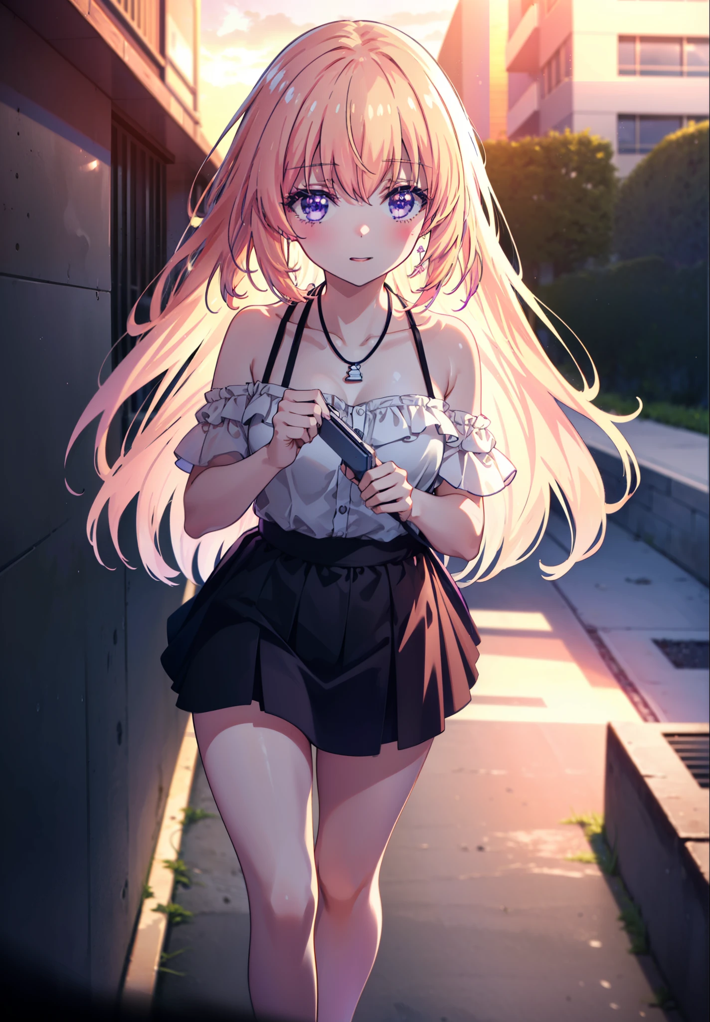 Honamiichinose, honami ichinose, Long Hair, Blonde, (Purple eyes:1.1), Hair between the eyes,smile,blush,Open your mouth,Off-the-shoulder dress,Bare shoulders,bare clavicle,Bare neck,Rocket Pendant,mini skirt,Cute heeled sandals,Daytime,Clear skies,Walking,whole bodyがイラストに入るように,
break outdoors, Building district,
break looking at viewer, whole body,
break (masterpiece:1.2), Highest quality, High resolution, unity 8k wallpaper, (figure:0.8), (Beautiful attention to detail:1.6), Highly detailed face, Perfect lighting, Highly detailed CG, (Perfect hands, Perfect Anatomy),