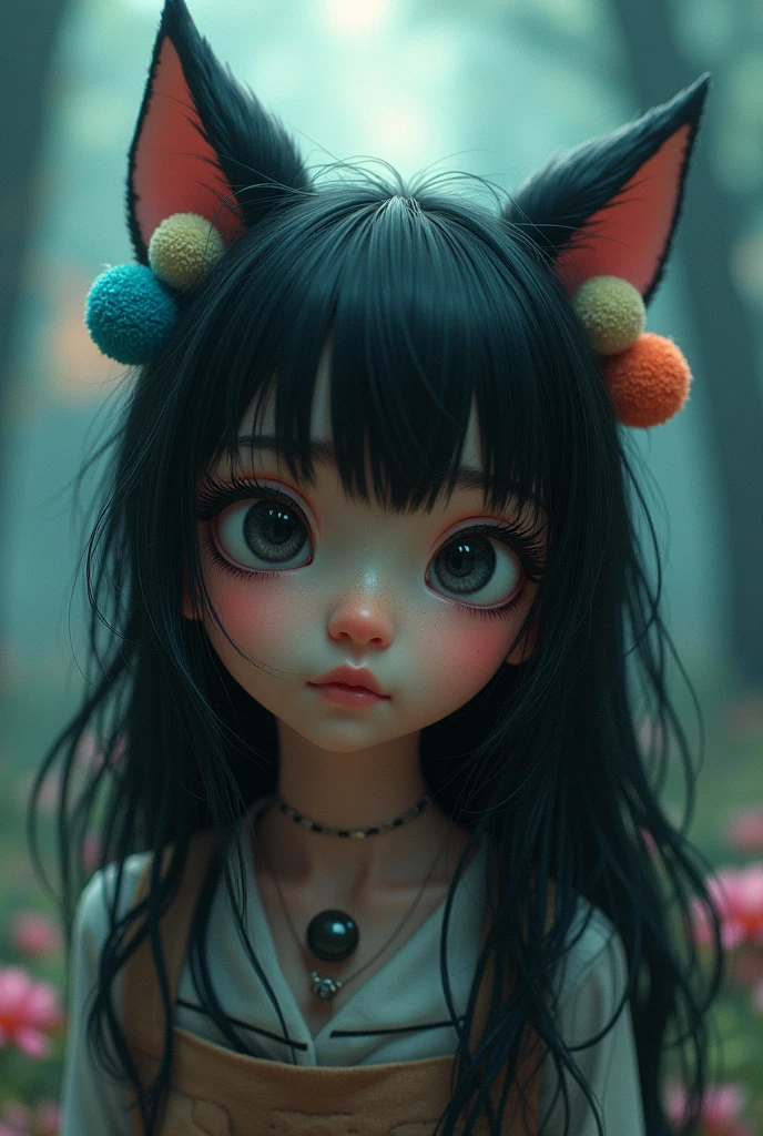 black hair, hair bobbles, wince, longeyelashes, solid circle eyes, fake animal ears, light smile, ear blush, fang, ccurate, naughty face, guilt, Surrealism, drop shadow, anaglyph, stereogram, tachi-e, pov, atmospheric perspective, depth of field, motion blur, ray tracing, from outside, Ultra-Wide Angle, bokeh, caustics, 85mm, 8k, super detail, best quality
