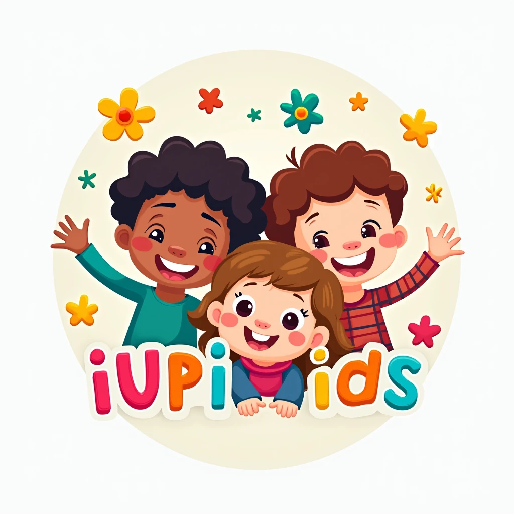 Design a playful and vibrant logo for a children's YouTube channel named 'IuPi Kids'. The logo should feature bright colors, fun illustrations, and a friendly, approachable style. Include multiple children in the design to emphasize the channel’s focus on diverse and engaging content for kids