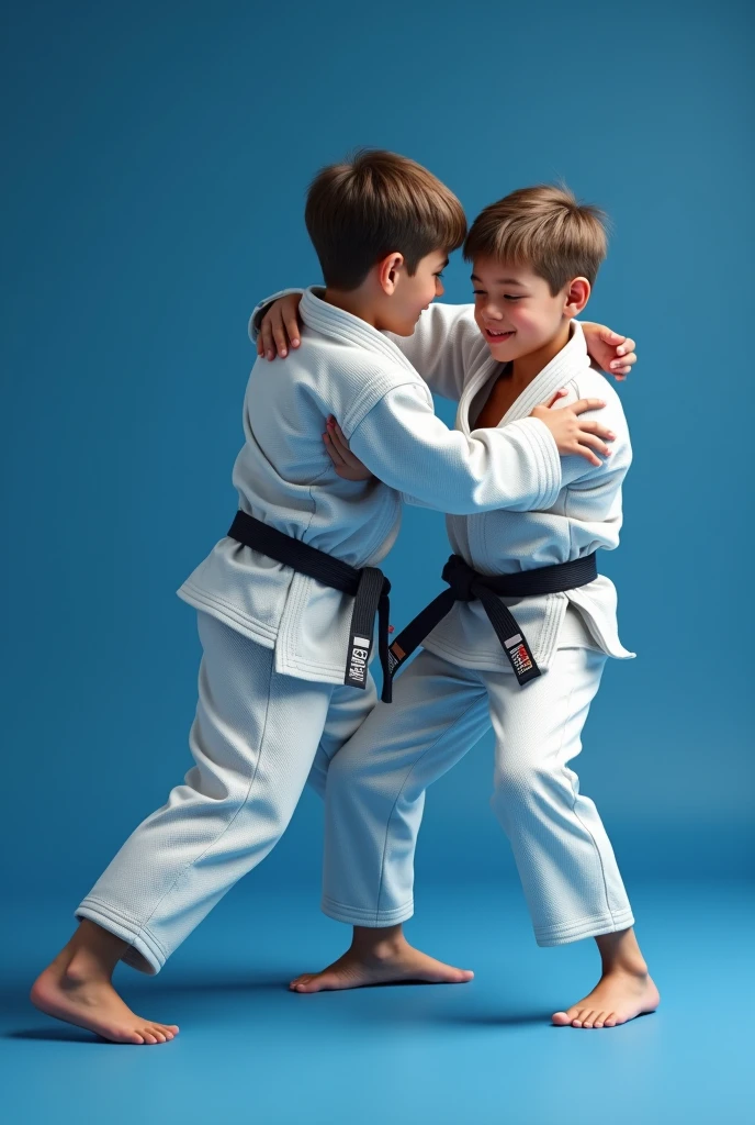 Two boys practicing Brazilian jiu-jitsu in white gi uniforms, They are doing a jiu-jitsu technique and having fun on a blue background and in a realistic style.