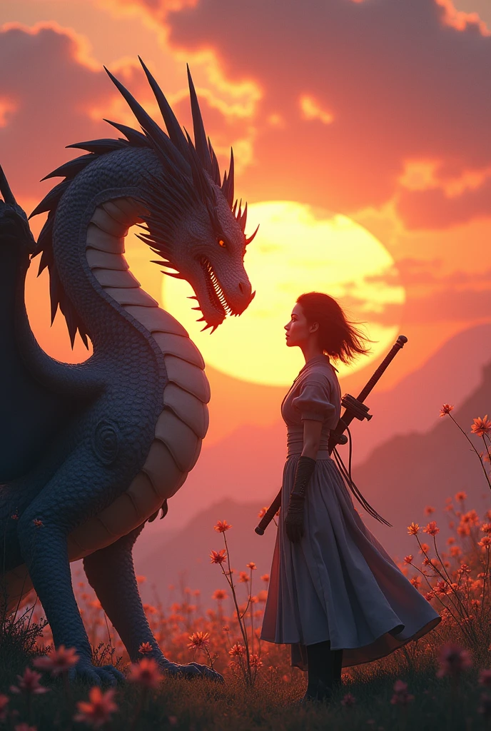 Woman with short hair who forms an alliance with a dragon and carries a sword on her back and around it Japanese skeleton flowers the woman and the dragon look at each other!!! - meanwhile it is sunrise - the dragon is detailed like in game of thrones Take the picture from now and make it even more magical I want more action in the picture - active poses MOVEMENT