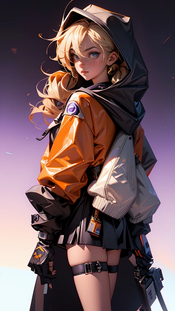 envision a 8k, highres, cinematic, beautiful full body design sheet of a short girl named Gigi Murin with dark brown and blonde multicolored hair in twin tails, a tail, purple eyes, wearing an animal hood, hood up, orange jacket, cropped jacket, white shirt, mechanical gauntlets, orange belt, black shorts, single thighhigh, striped thighhigh against a dark background