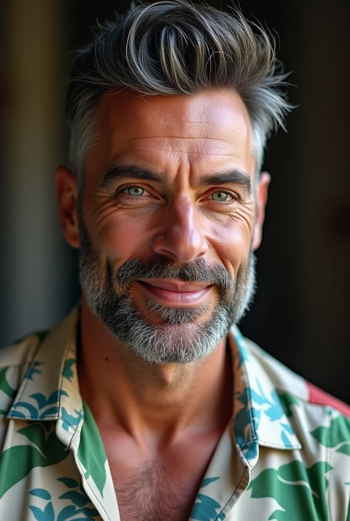 Name: Willer Jensen
Age: 58
Occupation: Amateur Journalist
Appearance:
- Hair: Metal Black with hints of White Silver, styled in a quiff with back and sides tape
- Eyes: Blue
- Body Shape: Bara bodybuilder, with large, prominent pectoral muscles
- Middle-aged, yet more handsome, with a muscular physique
Clothing:
- White-Green-Red-Black Aloha-Batik Shirt
- His whole body covered in the vibrant colors of his attire
Description:
Willer Jensen embodies the essence of a middle-aged, amateur journalist with his distinguished appearance. At 5, his Metal Black hair, now gracefully graying into White Silver, is impeccably styled in a quiff with back and sides tape, adding a touch of sophistication to his look. His piercing blue eyes exude curiosity and intellect, complementing his charming smile. Despite his age, Willer boasts a bara bodybuilder physique, with large and prominent pectoral muscles that speak of dedication and strength. Dressed in his signature White-Green-Red-Black Aloha-Batik Shirt, he carries himself with confidence and flair, ready to embark on his next journalistic endeavor. With each angle closer to his face, capturing the essence of a selfie, Willer's presence demands attention and respect, making him a formidable force in the world of journalism.