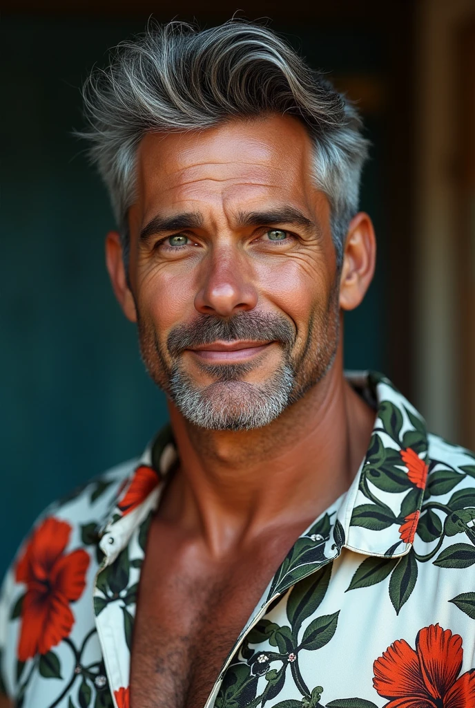 Name: Willer Jensen
Age: 58
Occupation: Amateur Journalist

Appearance:
- Hair: Metal Black with hints of White Silver, styled in a quiff with back and sides tape
- Eyes: Blue
- Body Shape: Bara bodybuilder, with large, prominent pectoral muscles
- Middle-aged, yet more handsome, with a muscular physique

Clothing:
- White-Green-Red-Black Aloha-Batik Shirt
- His whole body covered in the vibrant colors of his attire

Description:
Willer Jensen embodies the essence of a middle-aged, amateur journalist with his distinguished appearance. At 5, his Metal Black hair, now gracefully graying into White Silver, is impeccably styled in a quiff with back and sides tape, adding a touch of sophistication to his look. His piercing blue eyes exude curiosity and intellect, complementing his charming smile. Despite his age, Willer boasts a bara bodybuilder physique, with large and prominent pectoral muscles that speak of dedication and strength. Dressed in his signature White-Green-Red-Black Aloha-Batik Shirt, he carries himself with confidence and flair, ready to embark on his next journalistic endeavor. With each angle closer to his face, capturing the essence of a selfie, Willer's presence demands attention and respect, making him a formidable force in the world of journalism.