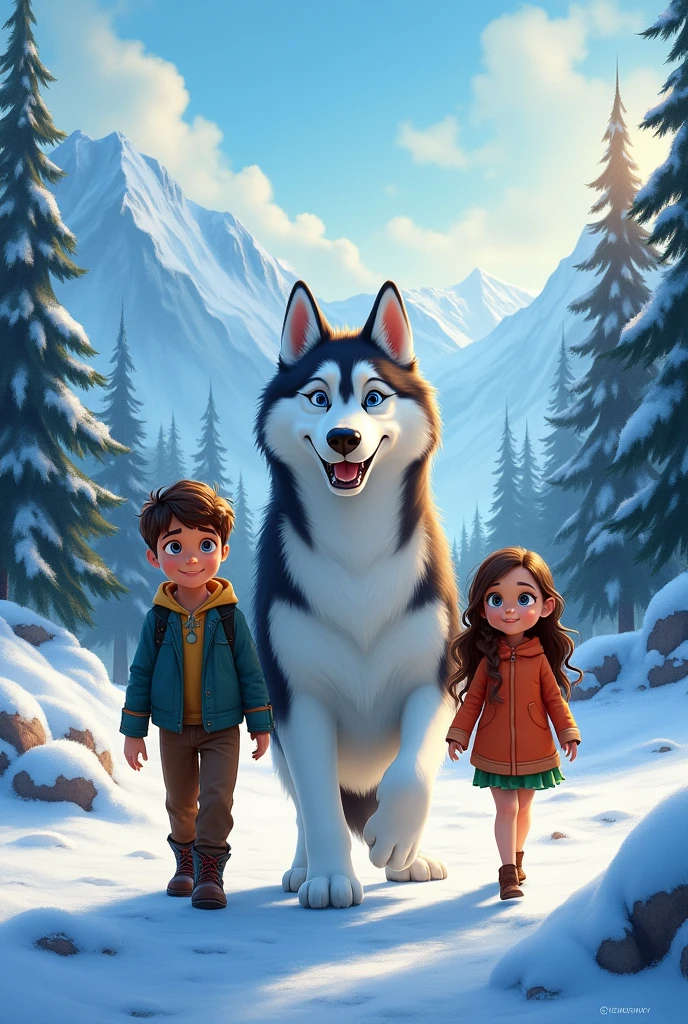 Create a Disney movie poster of a husky dog named Kira with a boy 1 boy and a skinny  girl in walking pose