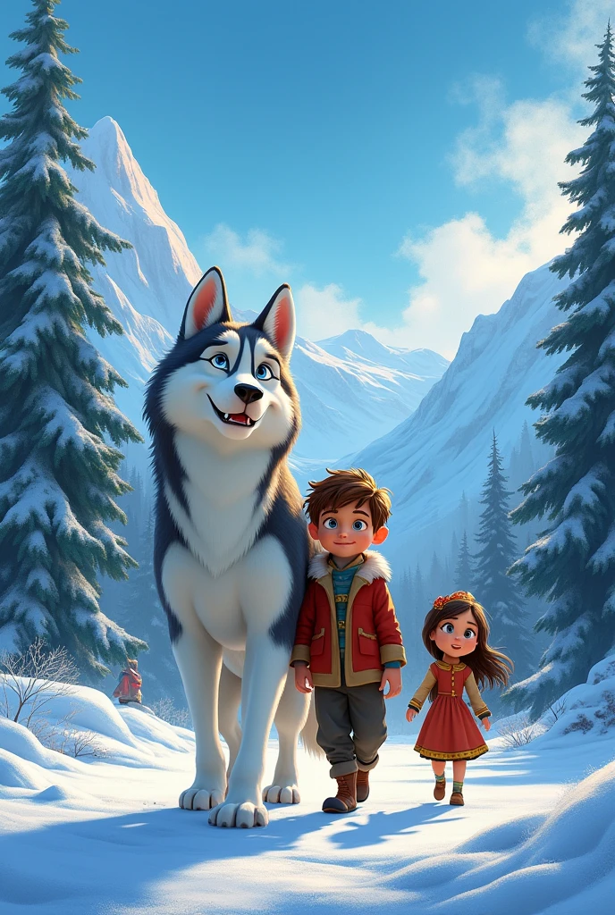 Create a Disney movie poster of a husky dog named Kira with a boy 1 boy and a skinny  girl in walking pose