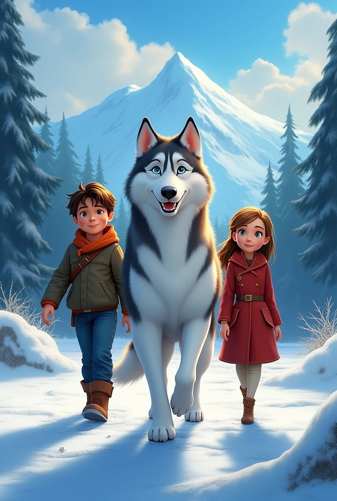 Create a Disney movie poster of a husky dog named Kira with a boy 1 boy and a skinny  girl in walking pose