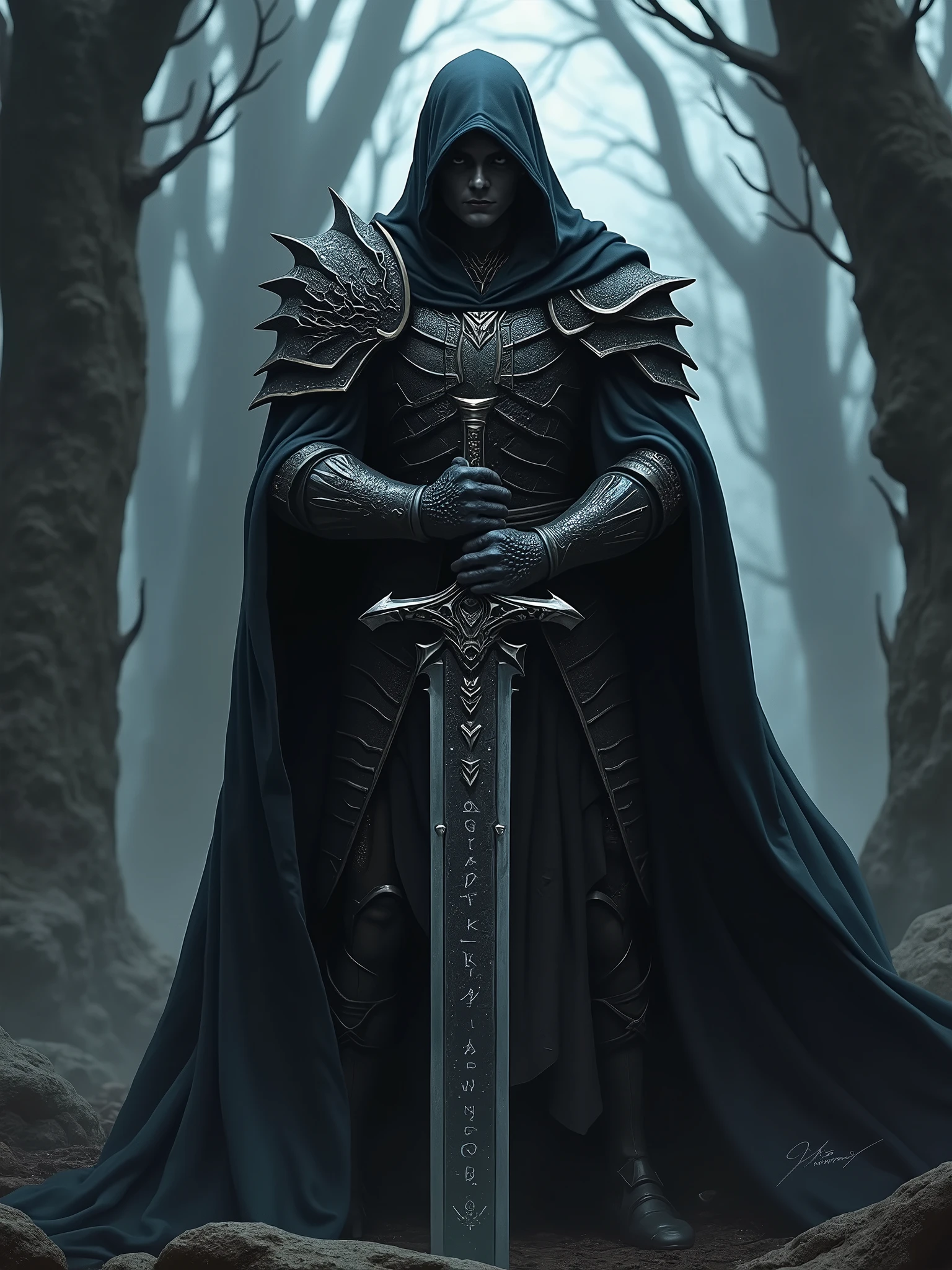 Create an image of a dark elf paladin standing in a mysterious, shadowy environment. The paladin is clad in intricate, blackened armor with faint, glowing runes etched across the surface. His face is mostly concealed by a hooded, deep black mantle that drapes over his shoulders and almost entirely covers his features, leaving only a glimpse of his sharp, elven features and glowing, piercing eyes visible. The dark elf has obsidian skin, and his silver hair, tied back, barely peeks out from under the hood. His expression is one of stoic determination, reflecting the weight of his oath. The environment around him is dimly lit, with an ethereal, misty atmosphere, suggesting an ancient battlefield or sacred ground. The background features tall, shadowy trees with twisted branches or ancient, worn stone structures, adding to the sense of mystery and ancient power. In his hand, he grips a large, ornate sword with a dragon motif, the blade faintly glowing with a magical aura. The overall mood of the image is dark, intense, and full of hidden power, emphasizing the character's role as a protector and warrior bound by a sacred oath.