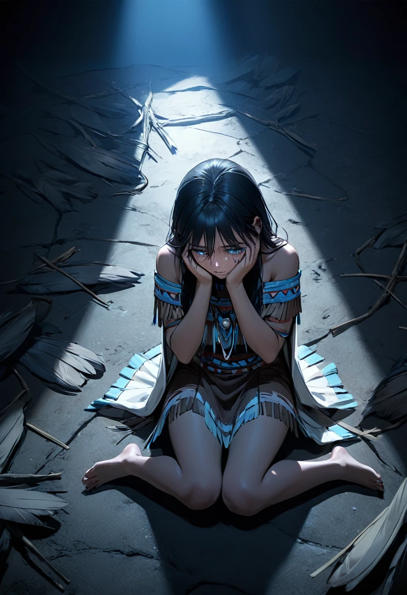 Native woman, 1 woman, full body, sitting on the ground, Collaped with grief, sitting in a dark room, Bright dramatic lighting from above, hands to face, dark, sad, greif of death, high quality, best render, 24k, detailed hair, native american clothing, in the dark room, dramatic lighting, soft glow. Detailed hands and feet, detailed eyes, Blue lighting, blue tint, bright lights from above,
Hands on her face, hand to her face crying. POV from the front, viewer facing front